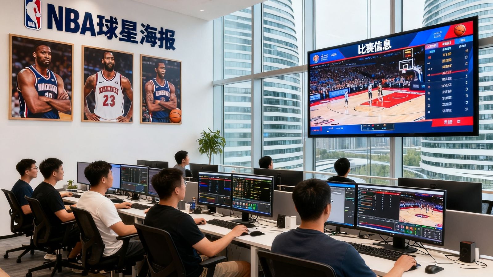 篮球吧位于北京望京SOHO的现代化办公室，开放式工位上技术团队正在监控直播数据，墙上挂着NBA球星海报和大屏幕实时显示比赛信息
