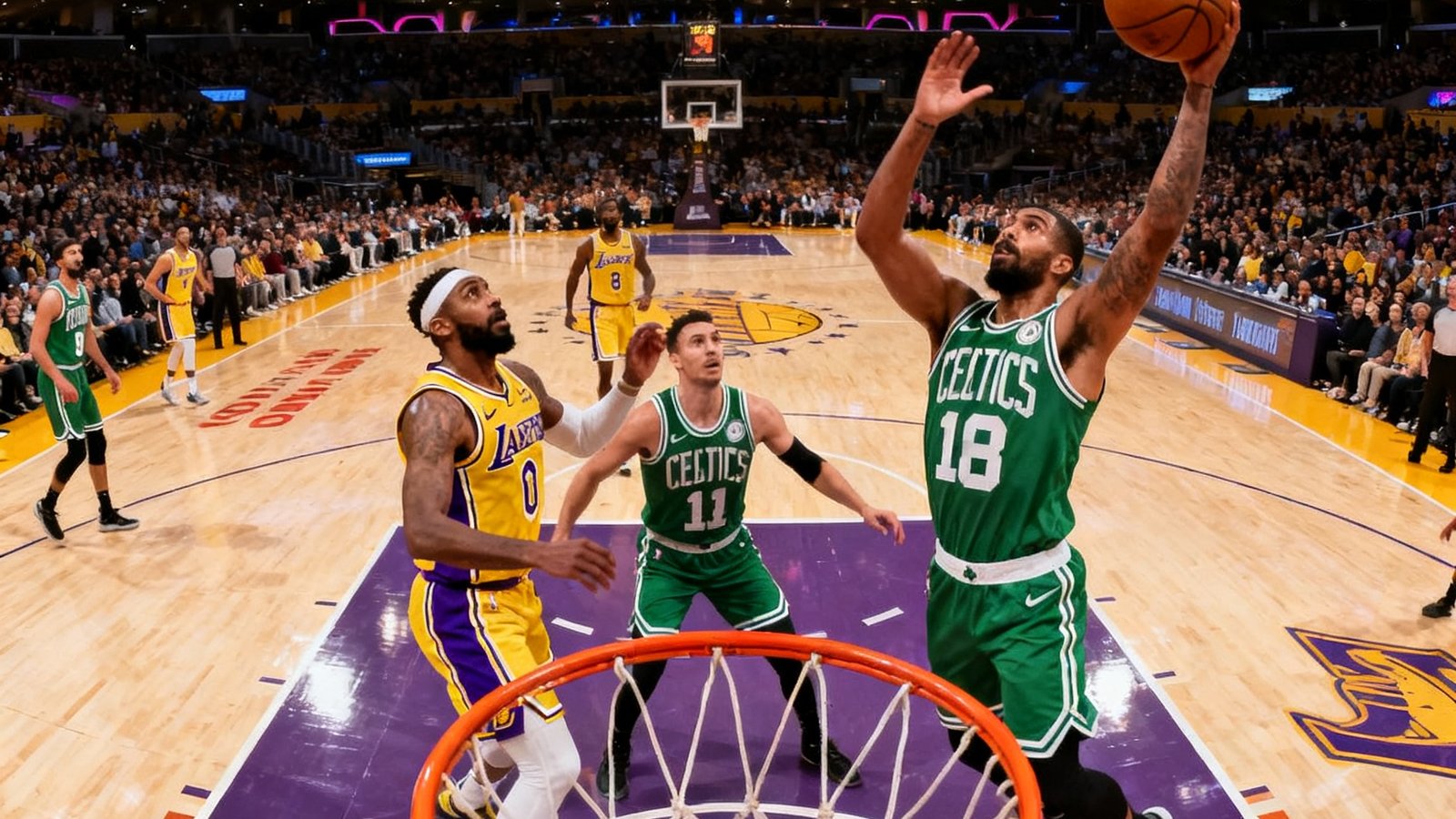 NBA比赛直播画面，洛杉矶湖人队与波士顿凯尔特人队球员在硬木地板上激烈对抗，篮球在空中划出弧线，场馆灯光璀璨观众席座无虚席