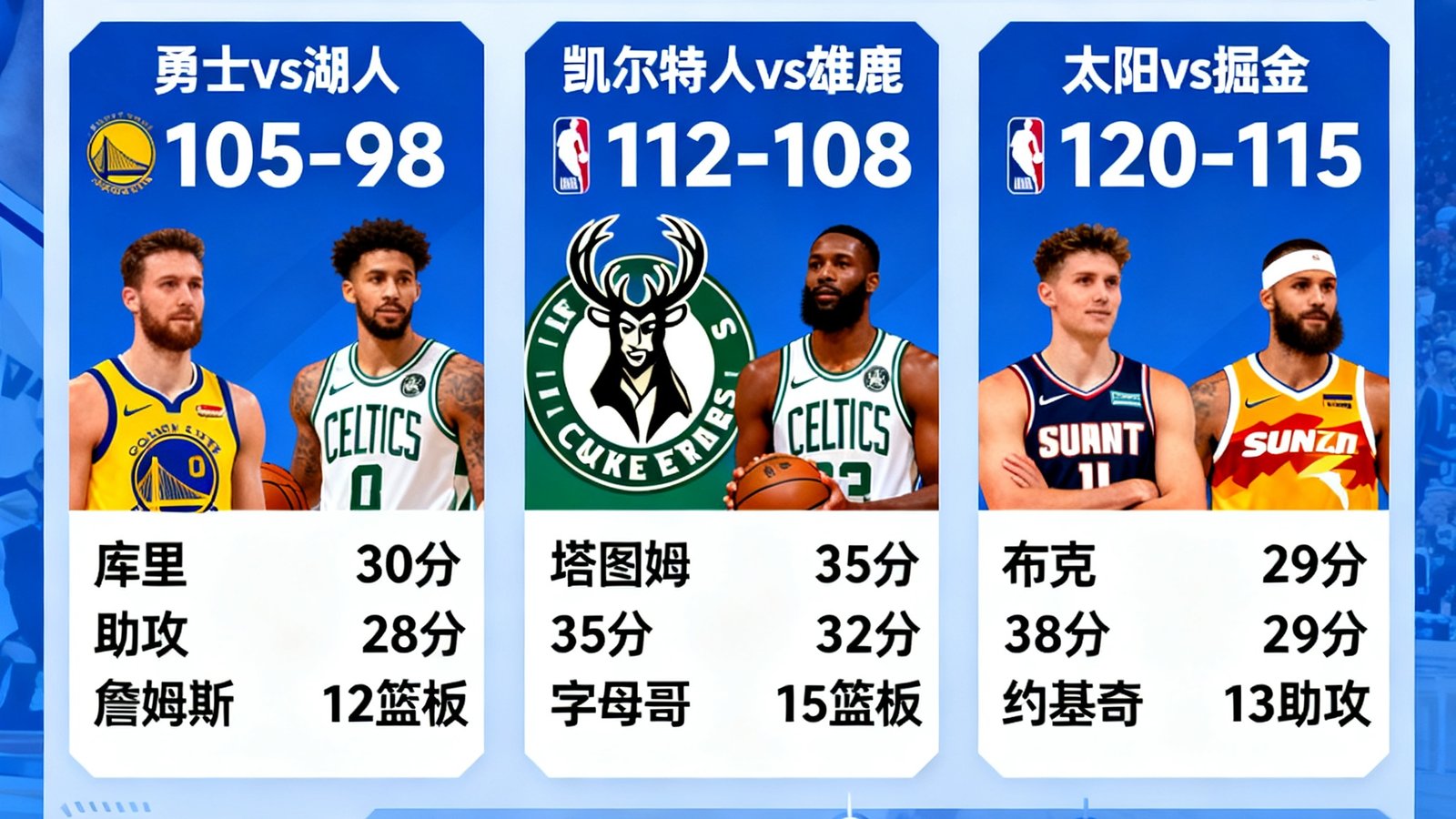 篮球吧实时比分更新界面，展示多场NBA比赛比分、球员数据和比赛进程的仪表盘式布局